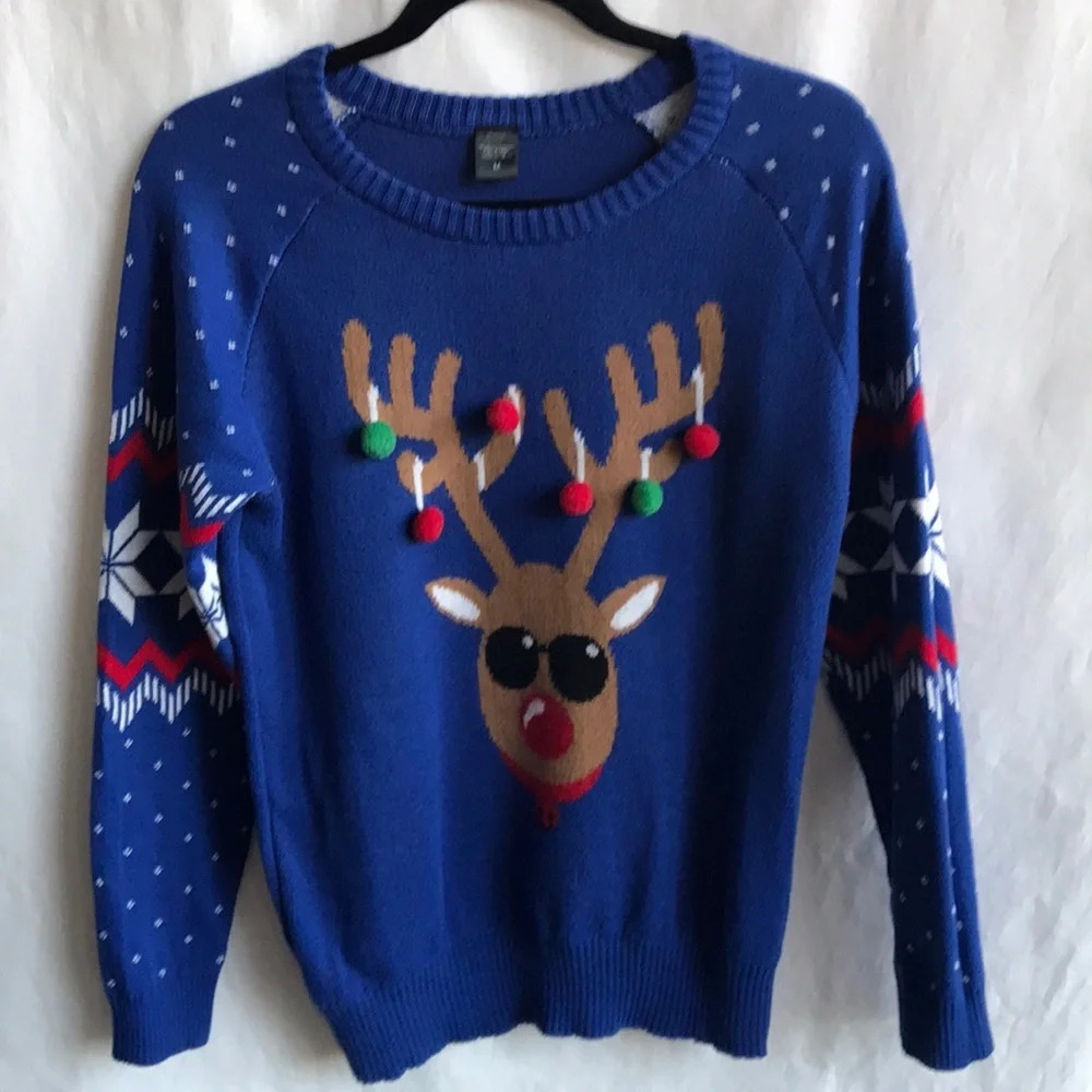 Ugly Christmas Sweater with Rudolph and attached pouf balls, size M